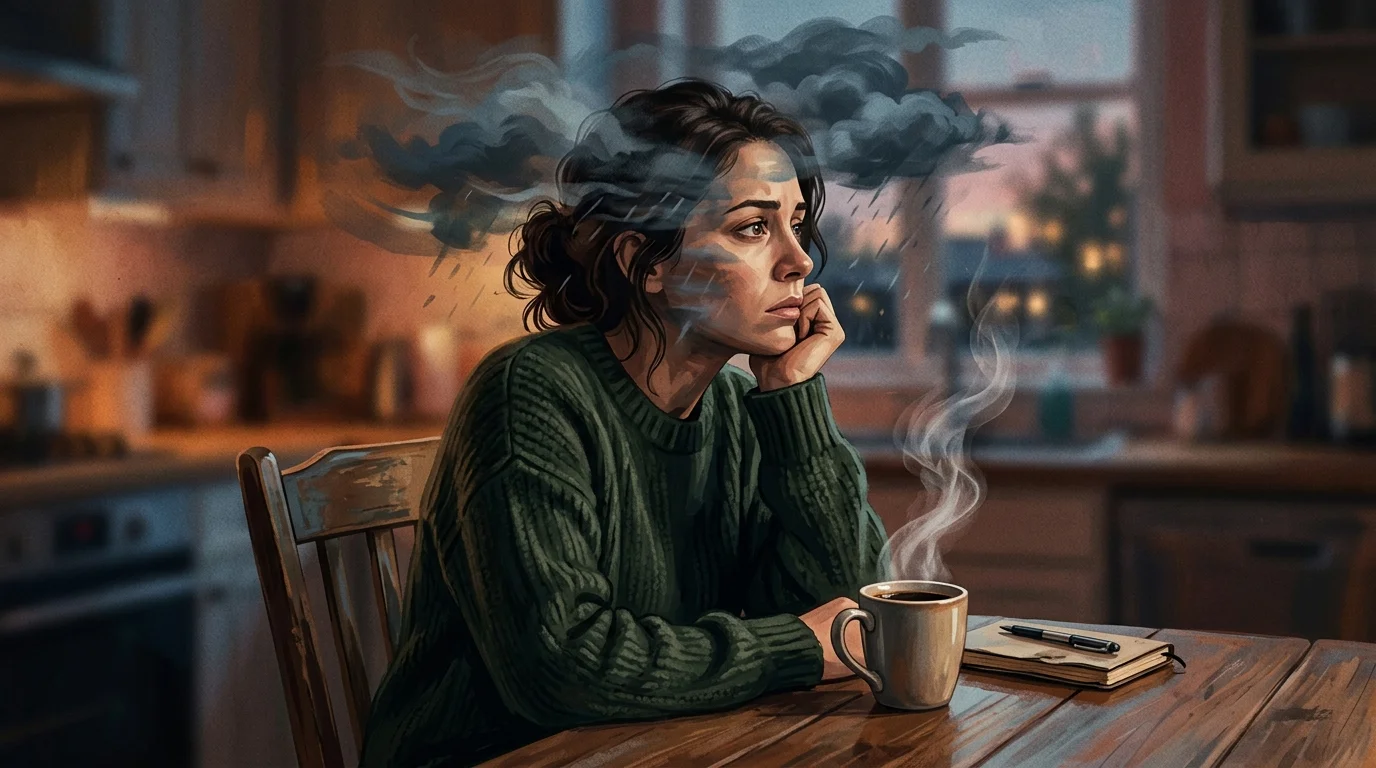 Mulher com olhar distante à mesa, pensando em cenários futuros enquanto o café esfria