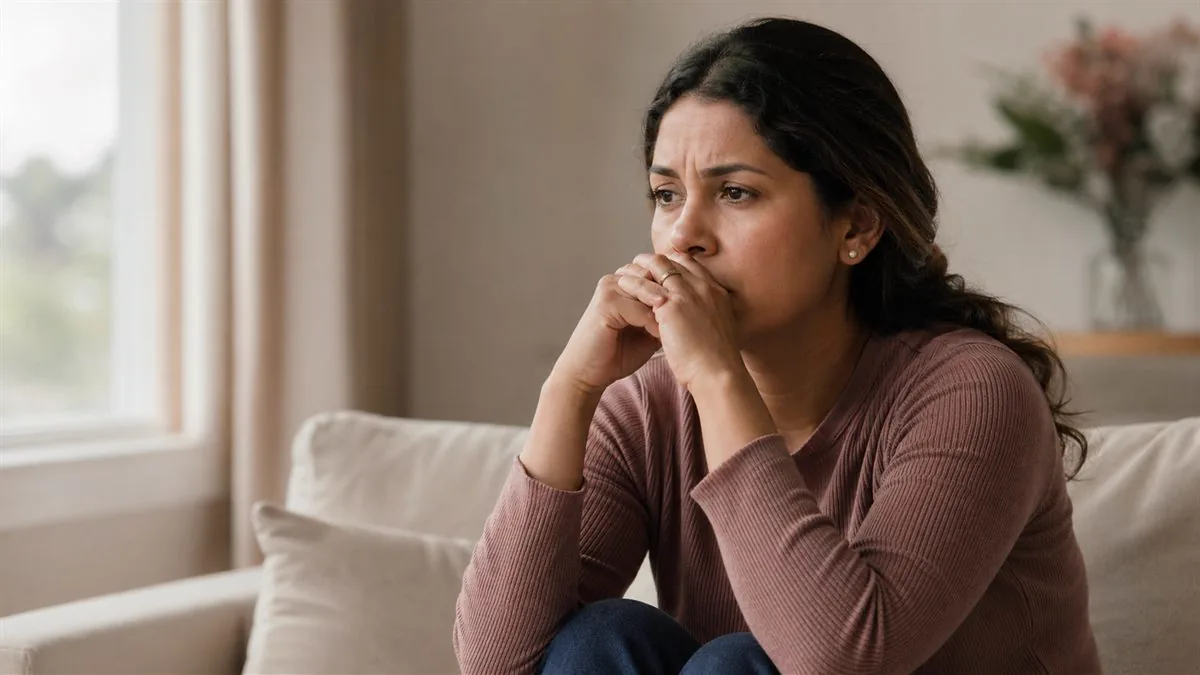 Mulher ansiosa sentada perto da janela