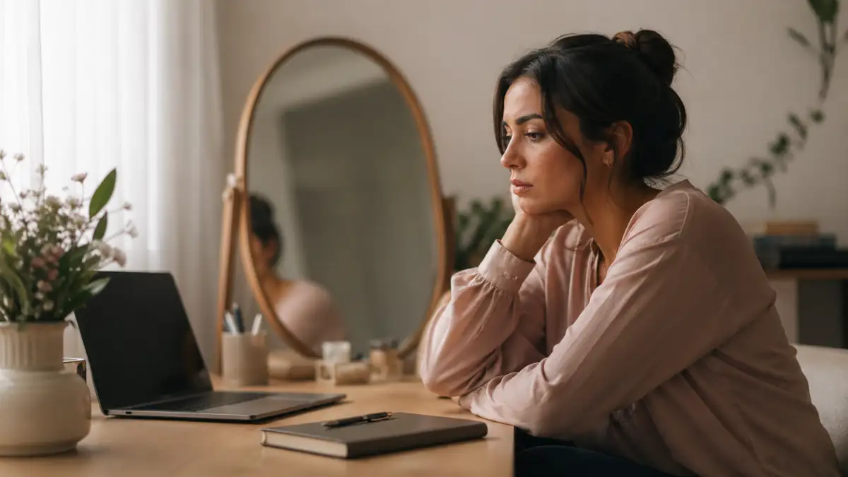 Mulher pensativa diante de uma mesa de trabalho e espelho, em clima de autocrítica