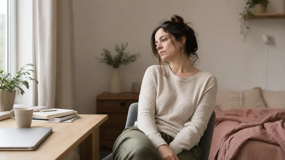Mulher exausta sentada em um quarto claro ao lado de uma mesa de trabalho