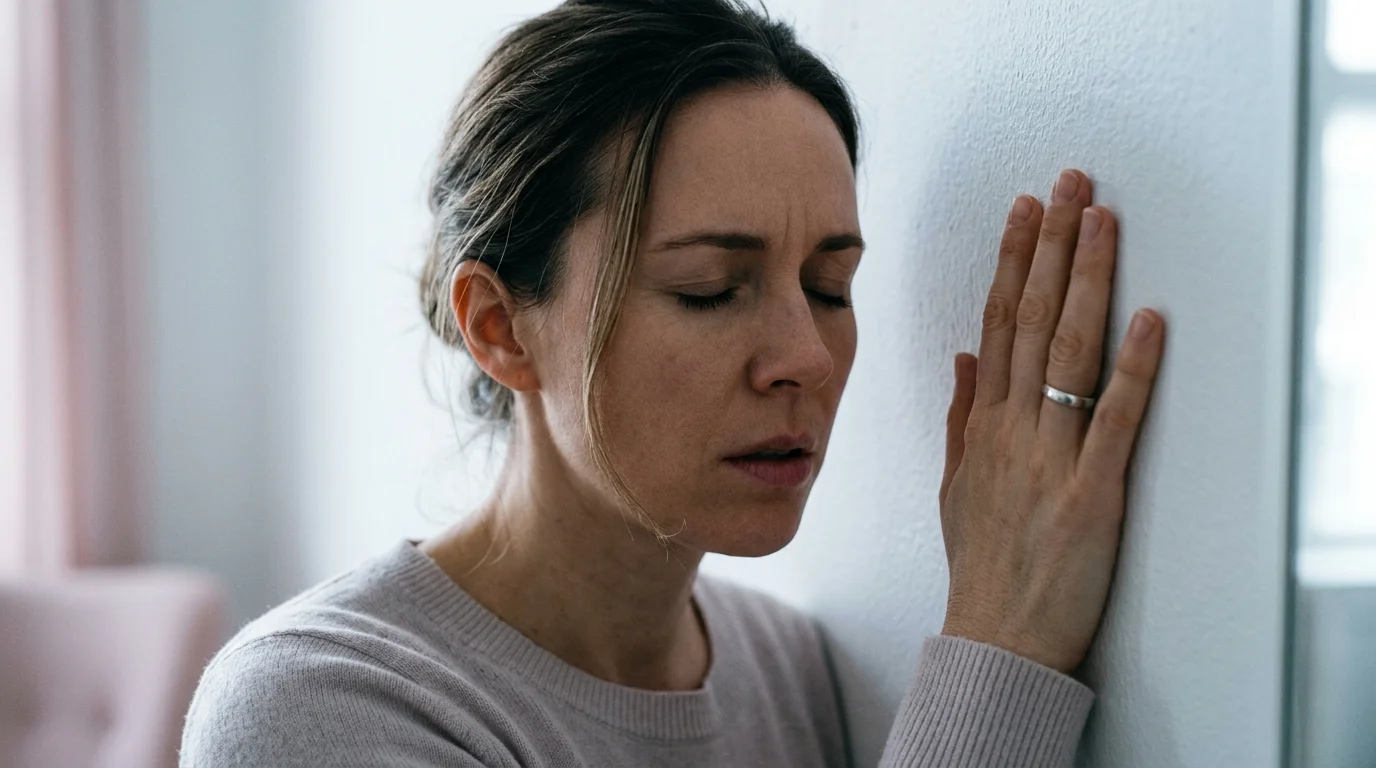 Mulher com a mão na parede, olhos fechados, respirando fundo durante uma crise de ansiedade
