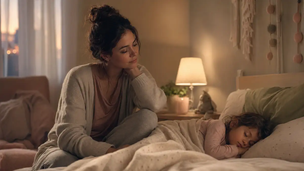 Mãe observando filha dormindo em um quarto acolhedor, em clima de ternura e preocupação