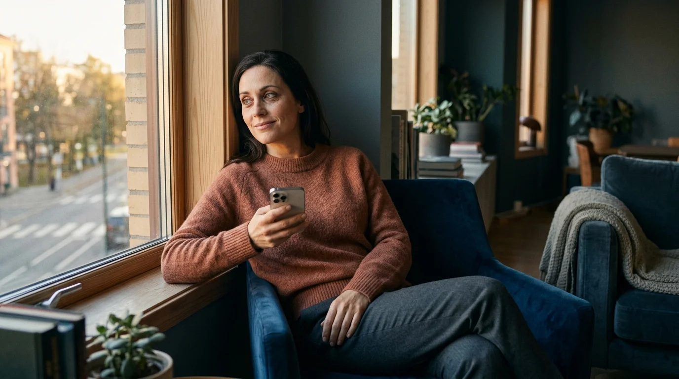 Mulher bem-vestida à janela com sorriso discreto, mas olhar distante — depressão invisível