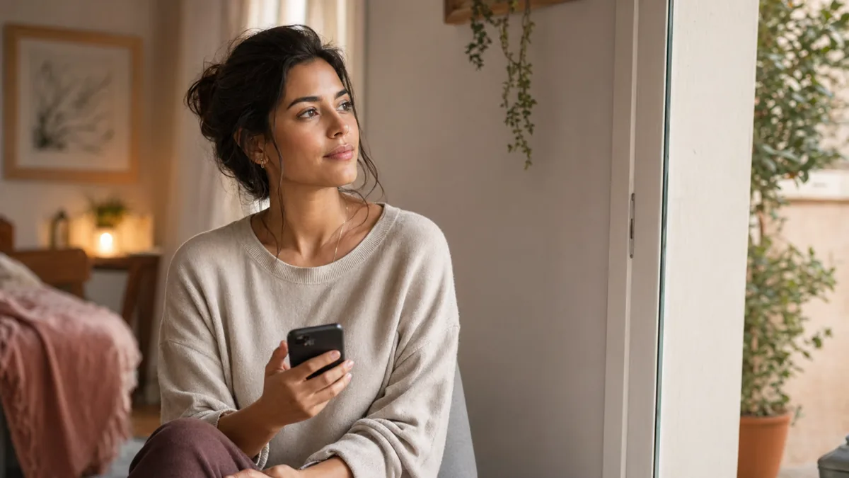 Mulher segurando o celular antes de pedir ajuda terapêutica