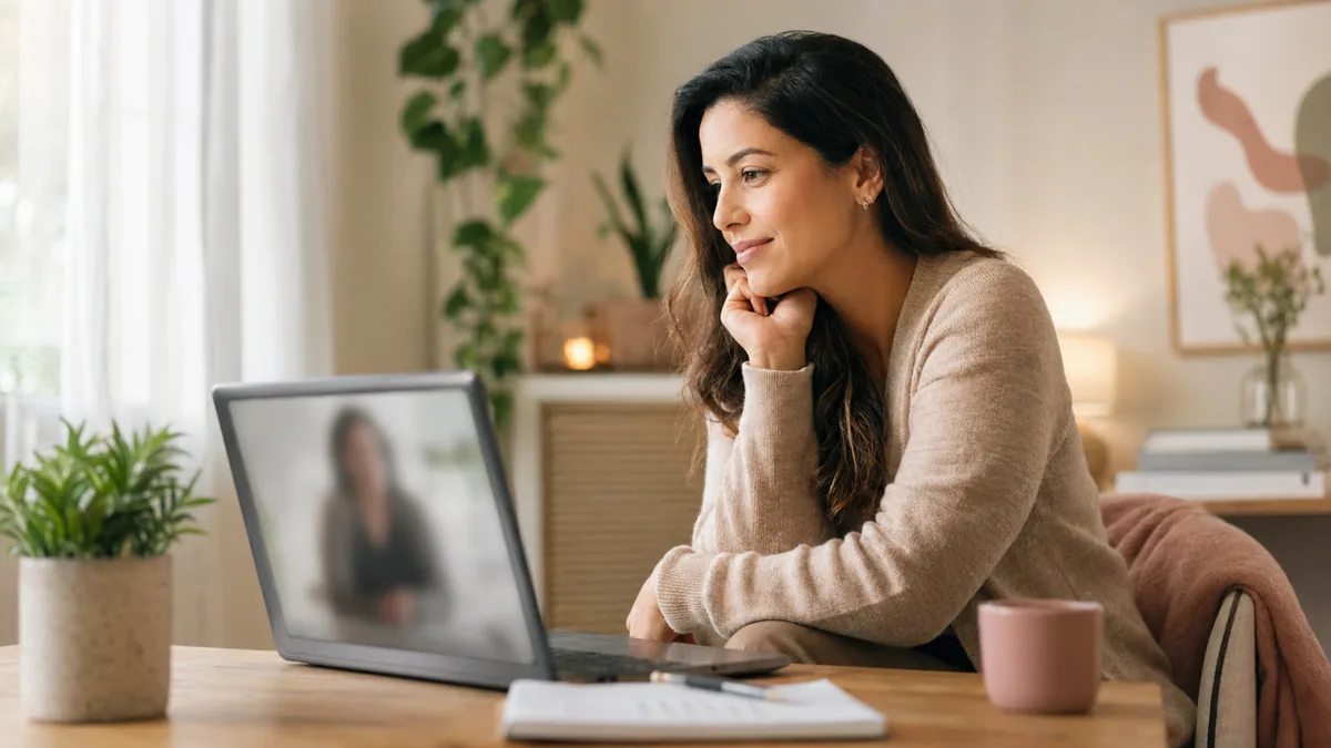 Mulher em uma sessão de terapia online pelo notebook